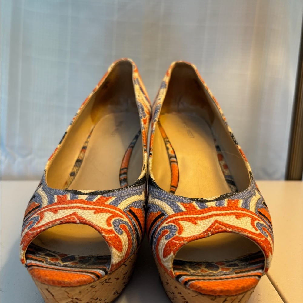 Nine West Orange and Blue Patterned Wedges